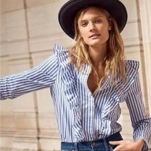 Madewell Tops | Blue White Ruffled Shirt| Color: White Blue | Size: L |